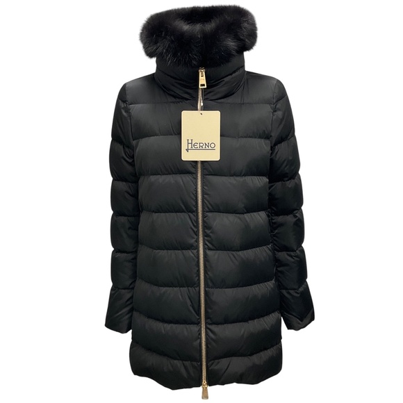 HERNO BLACK 2022 SATIN A-SHAPE POLAR-TECH DOWN COAT WITH FUR COLLAR - Picture 1 of 8